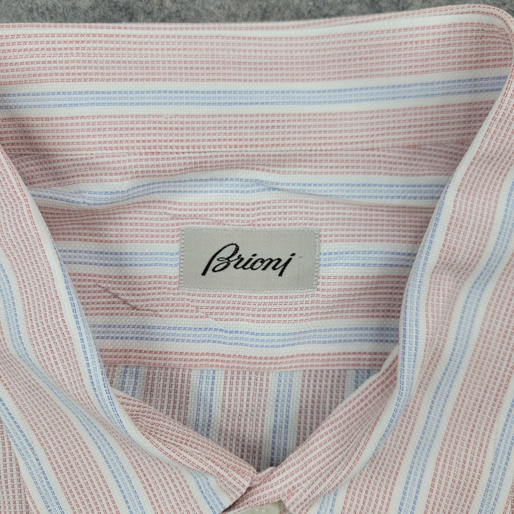 Brioni Dress Shirt Mens XL Pink Stripe Classic Cotton Made In Italy Long Sleeve - Picture 2 of 8